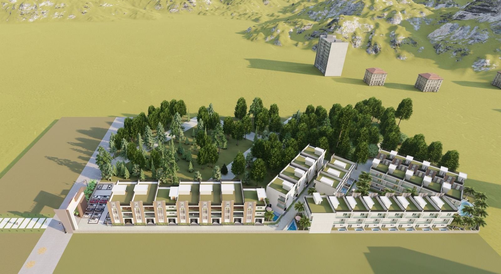 Greencity Goa masterplan — aerial render of villas, landscaped plots and clubhouse in Satarda, North of Goa